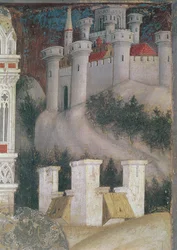 Detail van de architectuur aan de rechterkant van St. George en de prinses van Trebizond, ca. 1433-38 (detail)
